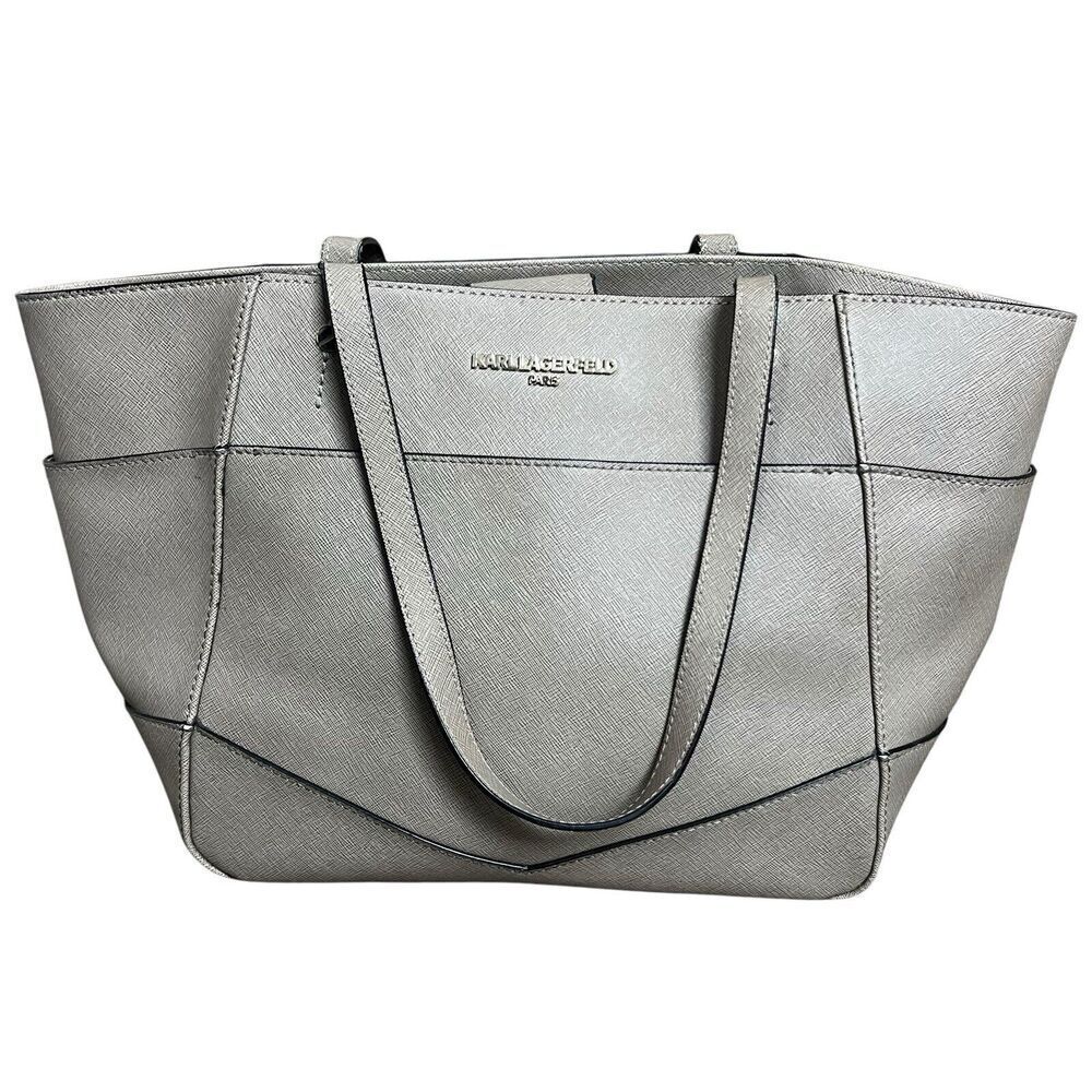 Karl Lagerfeld Paris Taupe Gray Saffiano Leather Satchel Double Handles
